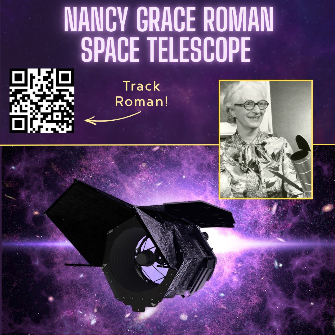 PAMSatMSU's tweet photo. On Sunday August 30th, 2026, NASA launched the next great space telescope. Named for Nancy Grace Roman, who helped create Hubble, the telescope is on a 5 year journey.
Scan the QR code to track the journey of this incredible new telescope!
#PAMSatMSU #NGRST #GoMaroon https://t.co/ATcwS70SxZ