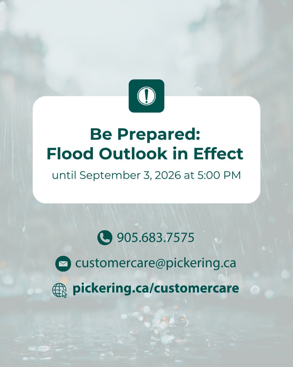 CityofPickering's tweet photo. Be Prepared: Flood Outlook in effect until September 3, 2026 at 5:00pm❗

TRCA is advising of an increased potential for flooding within its river systems due to the risk of severe thunderstorms and heavy rainfall over a short period. These conditions could result in rapidly rising water levels and localized flooding.

Safety tips ⬇️

🚫 Do not attempt to drive through a flooded area
✅ Keep catch basins near your property clear of debris to improve drainage
🌊 Exercise caution around all watercourses
🪨 Stay away from areas with erosion/flooding
🔌 If water begins to enter your home - disconnect electrical appliances (do not touch electrical equipment or turn off appliances if they are already wet or standing in water)
Visit https://t.co/5WNMsg8r3A for more safety tips.

Flood Resources ⬇️
Visit https://t.co/64MeI1Q5N9 for TRCA’s Flood Forecasting and Warning Centre

For more information and safety tips visit https://t.co/j0RV5ncWuF.