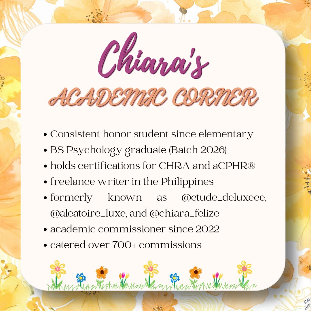 chiara_florize's tweet photo. 🌼𝐀 𝐛𝐞𝐚𝐮𝐭𝐢𝐟𝐮𝐥 𝐣𝐨𝐮𝐫𝐧𝐞𝐲 𝐭𝐚𝐤𝐞𝐬 𝐭𝐢𝐦𝐞 𝐭𝐨 𝐠𝐫𝐨𝐰 𝐚𝐧𝐝 𝐫𝐢𝐬𝐞🌼

Hello! This is Chiara, Clara's alter ego. Welcome to my main account. Bloom with me, as I help you nurture your academic progress🌱

backup: @etoile_deluxeee 
feedbacks: #CLARAfiedProofs https://t.co/ajLy9dAlU5