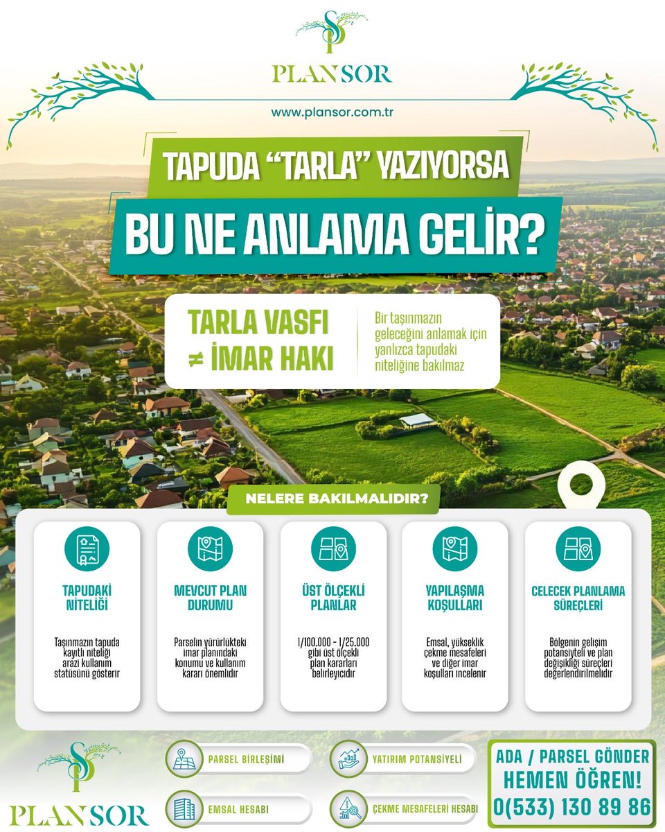 Plansor_com_tr's tweet photo. Plansor Akademi #02

Tapuda **“tarla”** yazması ne anlama gelir?
Bir taşınmazın tapuda tarla olarak kayıtlı olması, **imar hakkı olduğu anlamına gelmez.**
Peki gelecekte imara açılabilir mi?

#Plansor #PlansorAkademi #ArsaYatırımı #İmar #Gayrimenkul https://t.co/Ae5YXsD05X