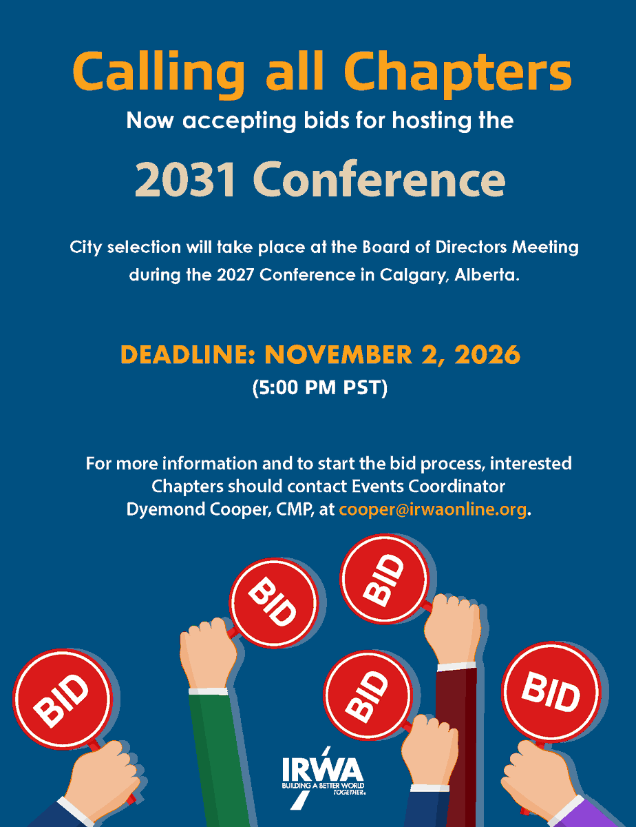 IRWA_Network's tweet photo. Calling all Chapters to submit a bid for the 2031 Conference! https://t.co/ElOntOPe0y