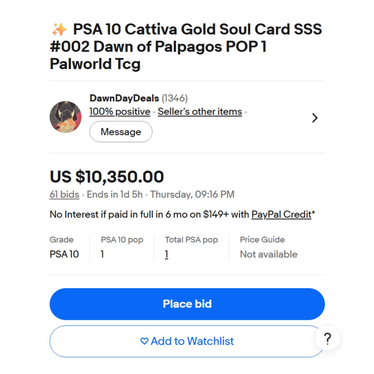 Dexerto's tweet photo. A Gold Cattiva Palworld card has broken $10,000 just 34 days after the TCG launched
The auction has already surpassed the $8,800 a mint first-edition Charizard fetched in 2016 https://t.co/Lqd4soKgtO