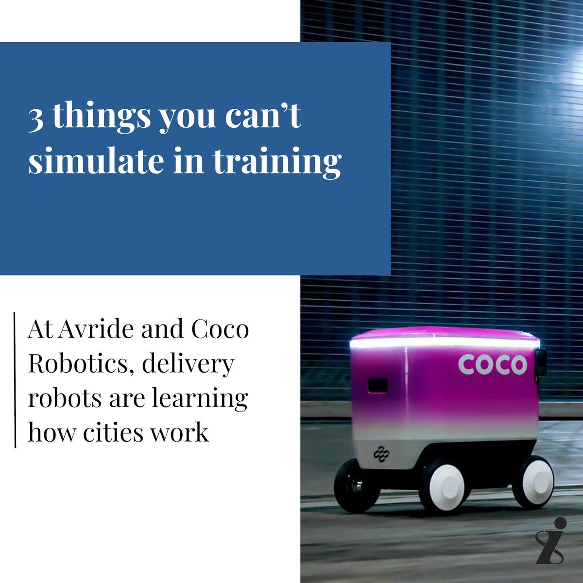 RunInfiniteLoop's tweet photo. Nobody puts "pedestrians who think your robot is broken" in the training dataset. Delivery robots from @Avrideai and @CocoRobotics are learning from one city at a time. For Avride, it’s also bonus data for self-driving cars.
Full story by @BerryWrites on The Infinite Loop https://t.co/6InWvqeY8V
