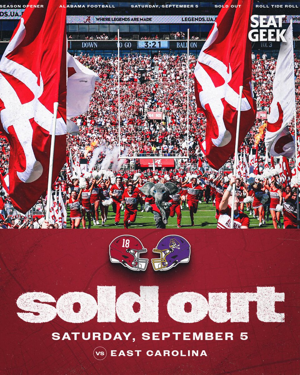 UA_Athletics's tweet photo. Saturday's season opener is sold out! 

Get great tickets from other fans on SeatGeek, the official ticket marketplace of the Crimson Tide.

🎟️ https://t.co/FXBWiB3vRP

#RollTide | @SeatGeek https://t.co/jZe29VSQF3