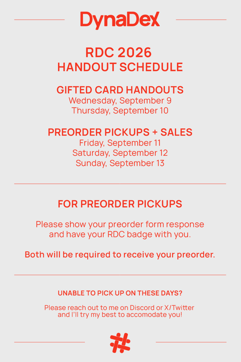 dynadex_'s tweet photo. Here is the handout schedule for DynaDex cards at RDC 2026! If you had a card made of your character, preordered items, or are interested in purchasing some cards for your own collection, please refer to the dates below!

See you all next week!

#RDC #RDC2026 #Roblox https://t.co/FtnJ9n9eFO