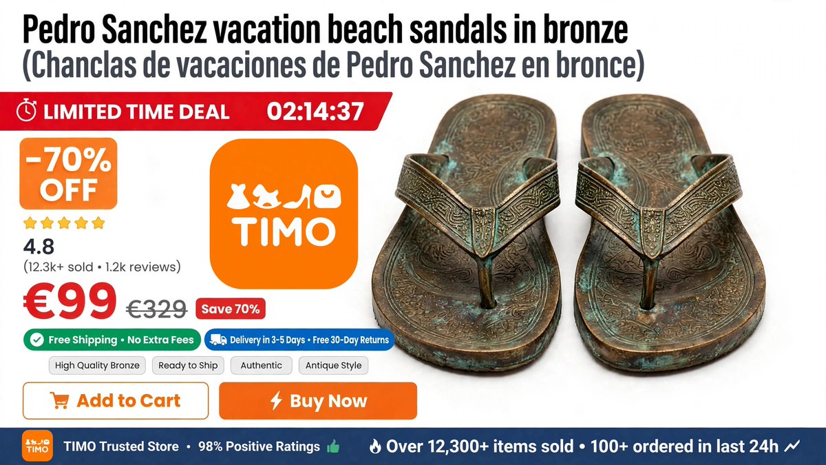 geoMacBCN's tweet photo. Chanclas recuerdo de Pedro Sanchez en bronce
Pedro Sanchez memorial beach sandals hechos en bronce
Vendidos en TIMO
#ChanclasPedroSanchez, #PedroSanchezBeachSandals https://t.co/FmMbS7vhHD