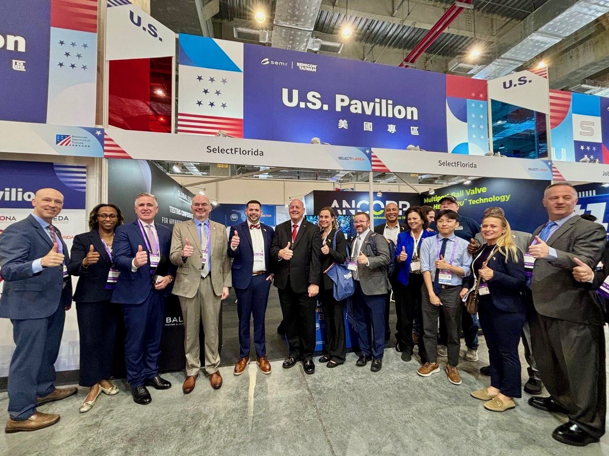SelectFLA's tweet photo. Today in Taipei, @SelectFLA opened the Florida section in the U.S. Pavilion at SEMICON Taiwan—President and CEO Matt Swanson and the Florida Delegation were joined by U.S. Department of Commerce Executive Director of Semiconductor Investment and Innovation, Bill Frauenhofer and Director of the American Institute in Taiwan, Raymond Greene.

Florida’s semiconductor industry generated $2.7 Billion in Florida-Origin Exports in 2025, making Florida the #1 export origin on the U.S. East Coast.

From now until September 4, stop by the Florida section at SEMICON Taiwan to meet the exhibitors and learn more about Florida's innovative semiconductor and advanced manufacturing industries.