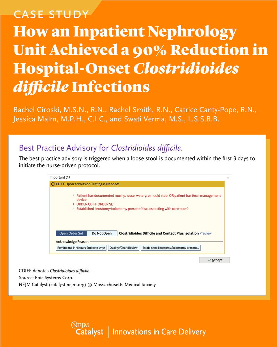 nejmcatalyst's tweet photo. A disproportionate number of hospital-acquired C. diff infections were attributed to a Henry Ford Hospital nephrology unit. Through early detection, interdisciplinary collaboration, and culture change, the unit reduced these infections by 90%. Learn more: https://t.co/fM0T5oAAb7 https://t.co/srAzWG8dlJ