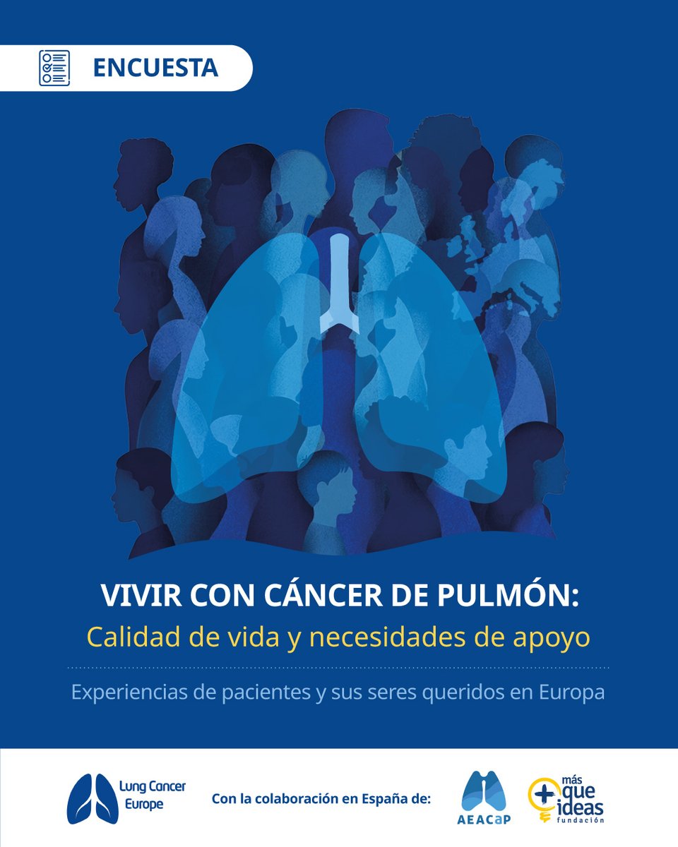 AEACaP's tweet photo. 🔵🫁¿Eres paciente o cuidador/a de una persona con #cáncerdepulmón? 

➡️Queremos conocer la calidad de vida de las personas afectadas y el impacto que la enfermedad tiene en su vida diaria

📝Ayúdanos y responde a esta encuesta anónima de @LungCancerEu

ℹ️ https://t.co/iyFOhByRfa https://t.co/I6iXqf4iaB