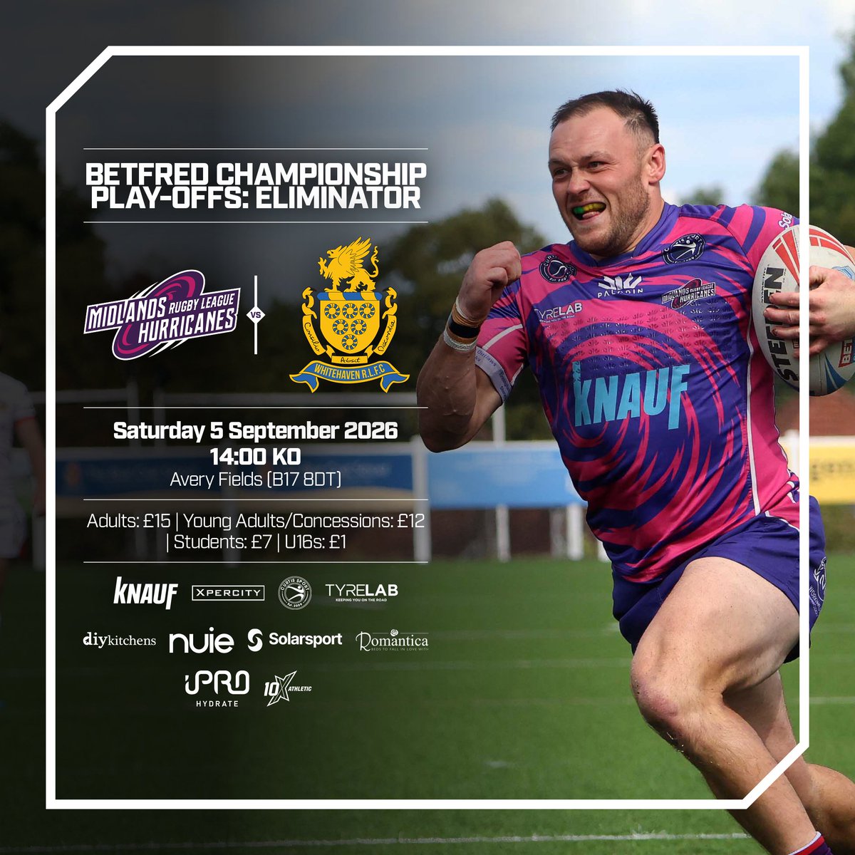 HurricanesRLFC's tweet photo. 🏠 Watch our final home game of 2026 as we enter the Championship playoffs for the first time! 

🆚 @OfficialHavenRl 
🗓️ 5 September
🕑 14:00 KO
📍 Avery Fields (B17 8DT)

🎟️ Tickets: https://t.co/WVq3Iuedcv https://t.co/PEzWl3qtXY