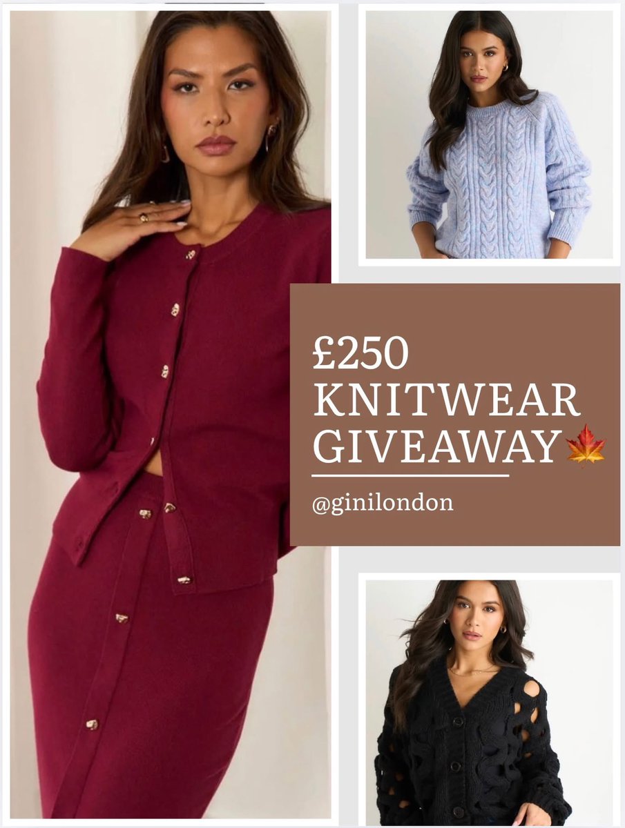 GiniLondon's tweet photo. 🎀 £250 KNITWEAR GIVEAWAY 🎀

Autumn dressing just got a whole lot better… 🍂🤎

We’re giving one lucky winner £250 to spend on Gini London knitwear — perfect for building your dream autumn wardrobe! 🧶✨

To enter: 🤎 Follow Gini London 🤎 Like this post 🤎 Tag a friend in the comments 🤎 Share to your story for an extra entry!
The giveaway closes 8th September 2026 at 6pm. The winner will be chosen at random and contacted via DM.

Good luck! 🤞🏼✨

#GiniLondon #Giveaway #KnitwearGiveaway #AutumnFashion #AutumnStyle WomensFashion Knitwear AutumnWardrobe