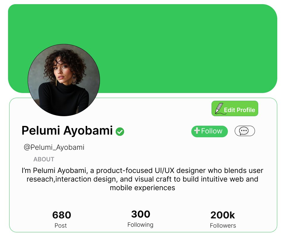 Mipeluxx's tweet photo. Day 01- UI design Challenge 
Design a profile card😉
I learnt a lot during the cohort though the journey wasn't easy, still I  have a lot to catch up with. Made a lot of mistakes but I won't give up.
I CAN do it💪
@TechCrushHQ
#Learningwithtechcrush
#RisewithTechcrush https://t.co/znfZkYkM5e