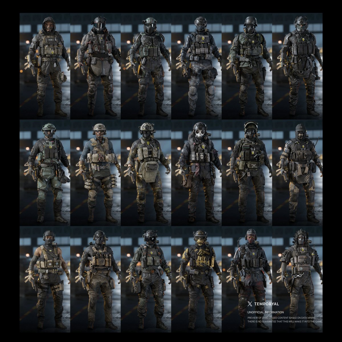 temporyal's tweet photo. Here are in-game screenshots of 36 unreleased soldier cosmetics in Battlefield 6.

You can spot a few gaming collaborations:

🪖 Medal of Honor
🚀 Dead Space

The latter will play a role in the Season 5 Halloween event on Area 51, where we have to prevent the end of the world... https://t.co/ZudQaYTejP