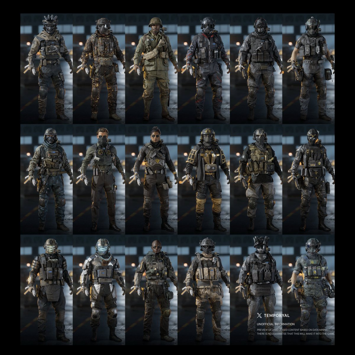 temporyal's tweet photo. Here are in-game screenshots of 36 unreleased soldier cosmetics in Battlefield 6.

You can spot a few gaming collaborations:

🪖 Medal of Honor
🚀 Dead Space

The latter will play a role in the Season 5 Halloween event on Area 51, where we have to prevent the end of the world... https://t.co/ZudQaYTejP
