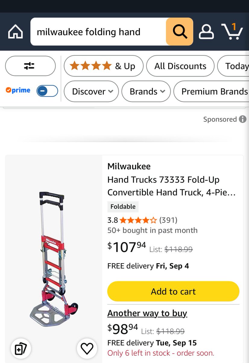 glitchtoriches's tweet photo. MILWAUKEE HAND TRUCK FOR ONLY $39.13! 🔥

Amazon has the same Milwaukee fold-up model listed around $98.94–$107.94

https://t.co/kTpoFhTmJX

That’s a HUGE price difference for a Milwaukee hand truck.

100+ BOUGHT SINCE YESTERDAY! 🚨

At under $40, this one could move quick! #ad https://t.co/Ijh88kcqDT