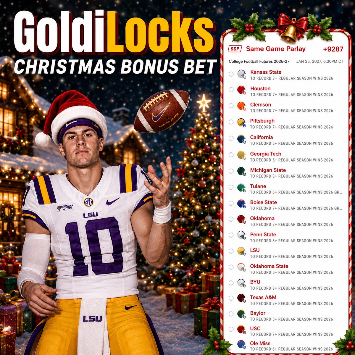 BetsWithGoldi's tweet photo. College Football is BACK! Here’s our season long ride. Who blows this??

18 legs. +9287. One goal: cash it just in time to let the book pay for Christmas. 💰🎄

Betslip 🔗 —> https://t.co/LhattqOcww

#CFB #Week1 #Fanduel #Wintotals #LSU #Clemson #CollegeGameday https://t.co/UN3Ayf4DfU