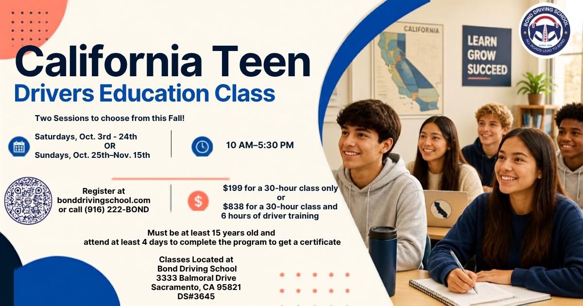4BondDriving's tweet photo. Teen Drivers Ed fall class are now open for registration! Join us Saturdays or Sundays from 10 am-5:30 pm. Call us at (916)222-BOND or visit us at https://t.co/xOJosLko1p to register today! https://t.co/XDFdMc1Xoa