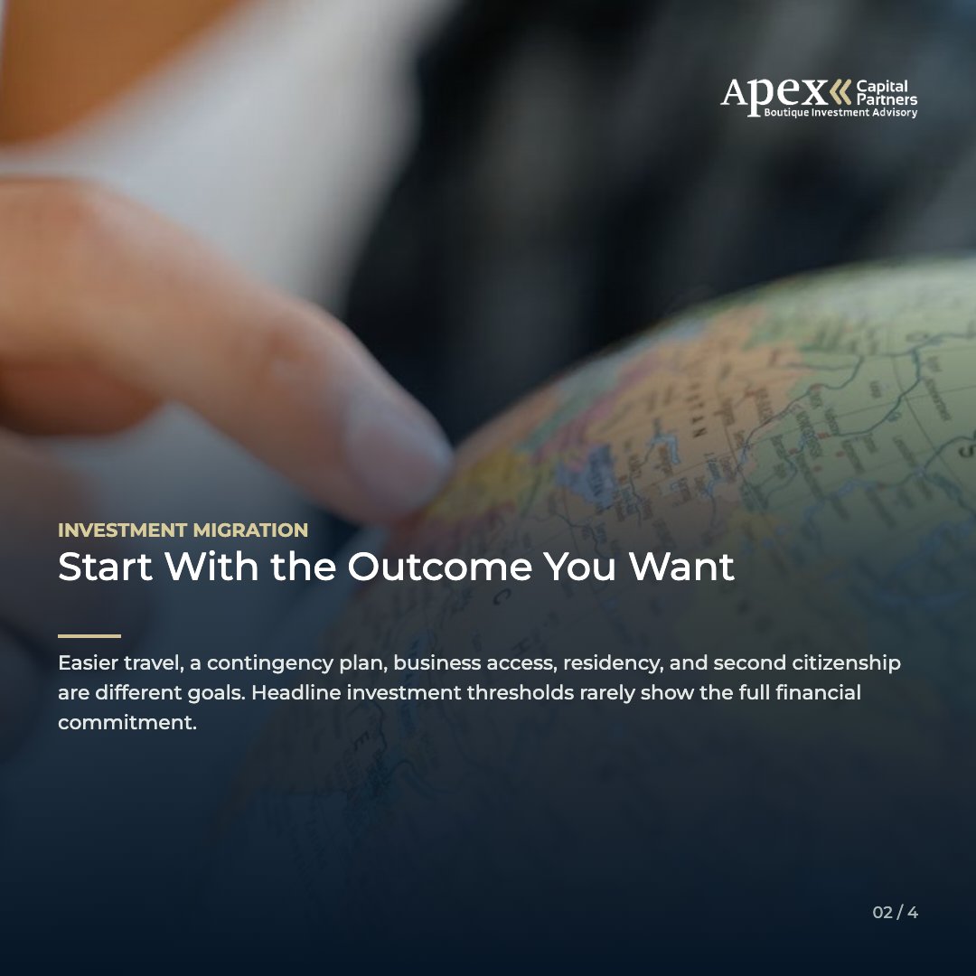 ApexCapPartners's tweet photo. Investment migration becomes clearer when you begin with the outcome you want. Compare status, total cost, timing, family eligibility, capital structure, and continuing obligations. 

@ApexCapPartners helps you choose the right route and manages the authorized process.

#ApexCapitalPartners #InvestmentMigration #GlobalMobility