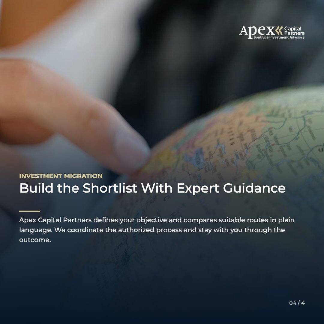 ApexCapPartners's tweet photo. Investment migration becomes clearer when you begin with the outcome you want. Compare status, total cost, timing, family eligibility, capital structure, and continuing obligations. 

@ApexCapPartners helps you choose the right route and manages the authorized process.

#ApexCapitalPartners #InvestmentMigration #GlobalMobility