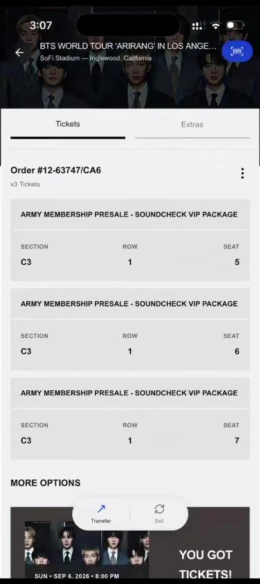 isabeluvr's tweet photo. WTS 3 BTS ARIRANG LA Soundcheck VIP

Sept 6 | SoFi Stadium
C3, Row 1 — Seats 5, 6 &amp; 7
$200 each

Unfortunately, I can’t attend due to unexpected circumstances. Proof of purchase and ticket verification available. DM if interested. https://t.co/GtToJ9UMWv