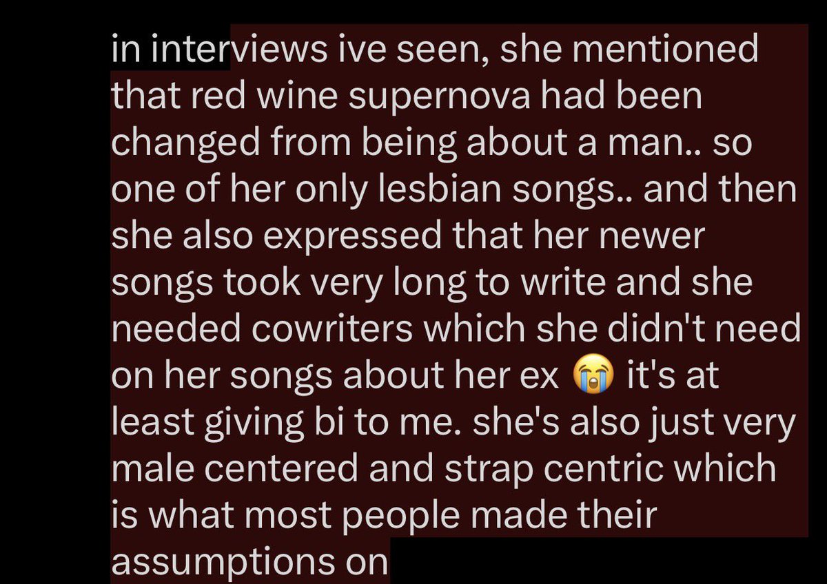 headhurtsyay's tweet photo. @Yugonosha this is why i think she's not a lesbian since i used to be a fan. so first red flag was she was with a man for 4 years as a fully cognizant adult... but she also wrote majority of her songs about him. and they were very emotionally charged compared to her sapphic songs. - https://t.co/XKQbSmzGUS