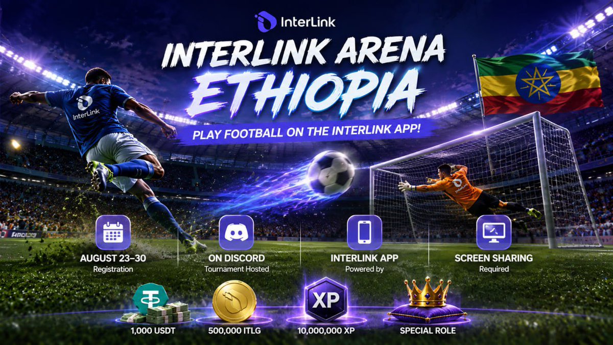 InterlinklabsEt's tweet photo. 🔥 THE INTERLINK LABS ETHIOPIA NATIONAL TOURNAMENT IS OFFICIALLY LIVE! 🇪🇹🏆

The wait is over. The battle officially begins September 5 at 4:00 UTC!
Get ready for an exciting 3-day tournament filled with intense competition, challenges, community, and exciting rewards. 🔥

📺 LIVE STREAM — DON’T MISS IT!
The tournament will be LIVE STREAMED on the InterLink Labs Ethiopia channel!
Even if you're not competing, you can still join the excitement, watch the battles, support the players, and have a chance to win ITLG just by watching the livestream! 💎
🎉 EVERY LIVESTREAM VIEWER HAS A CHANCE TO WIN ITLG!

Stay tuned, join the livestream, and don't miss your chance to be part of the action.
📅 September 5, 6 & 7
⏰ Starting at 4:00 UTC each day
🌍 Day 1–2: Open Worldwide
Day 3: Exclusive to Ethiopian Participants
Powered by the InterLink App
Hosted on Discord
🖥 Screen sharing required during gameplay
This is more than just a tournament.
It's a celebration of the InterLink community, the spirit of competition, and the growth of our ecosystem. 🚀

🇪🇹 ETHIOPIA, ARE YOU READY?
🏆 LET THE BATTLE BEGIN!
🔥 WATCH. COMPETE. WIN. MAKE HISTORY.

 Join the livestream — you could be one of the lucky viewers to win ITLG!