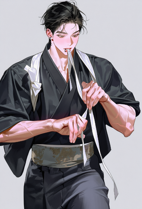 truth_vicky's tweet photo. 프롬공유

다스키를 아시나요?
이 개야르를 모르신다면 타래 참고.

cowboy shot, front view, traditional black yukata, white tasuki cord, tying a loose tasuki, walking, mid-stride, one leg forward, arms raised slightly, elbows bent, hands near chest, one hand pulling the loose cord, the other hand tying the cord, loose untied cord, cord trailing behind, looking down at the cord,white tasuki  lightly held between his lips