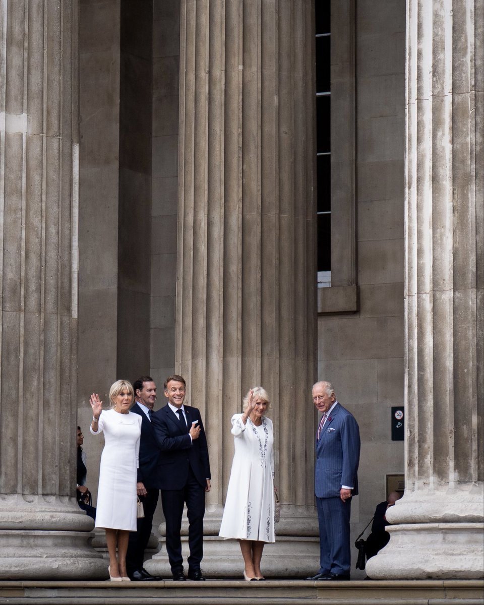 RoyalFamily's tweet photo. 🇬🇧 🇫🇷 At the British Museum, The King and Queen have been joined by The President of France, Emmanuel Macron and Mrs Brigitte Macron, Prime Minister Andy Burnham and Ms Marie-France Van-Heel, to view the Bayeux Tapestry Exhibition.
 
Following a historic agreement between the United Kingdom and France, the Bayeux Tapestry has been loaned by France to the UK for the first time since it was made nearly 1,000 years ago. The Bayeux Tapestry depicts the events leading up to the Norman Conquest of England in 1066.
 
Curators showed Their Majesties key scenes from the tapestry before joining those involved in the loan in the Museum's Great Court.