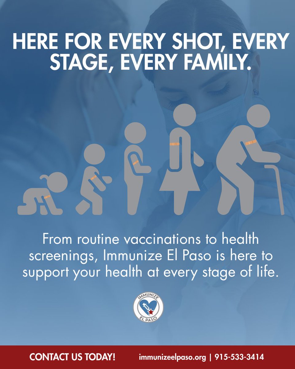 immunizeelpaso's tweet photo. Your vaccine record isn’t just for back-to-school season. 💙

Staying on top of your health helps protect you at every stage of life. We’re here to help!
Visit https://t.co/5GHG25AziK or call 915-533-3414 to learn more.

#ImmunizationClinic #ElPasoHealth #Vaccines #ClinicLife https://t.co/p1SaRwnBLB