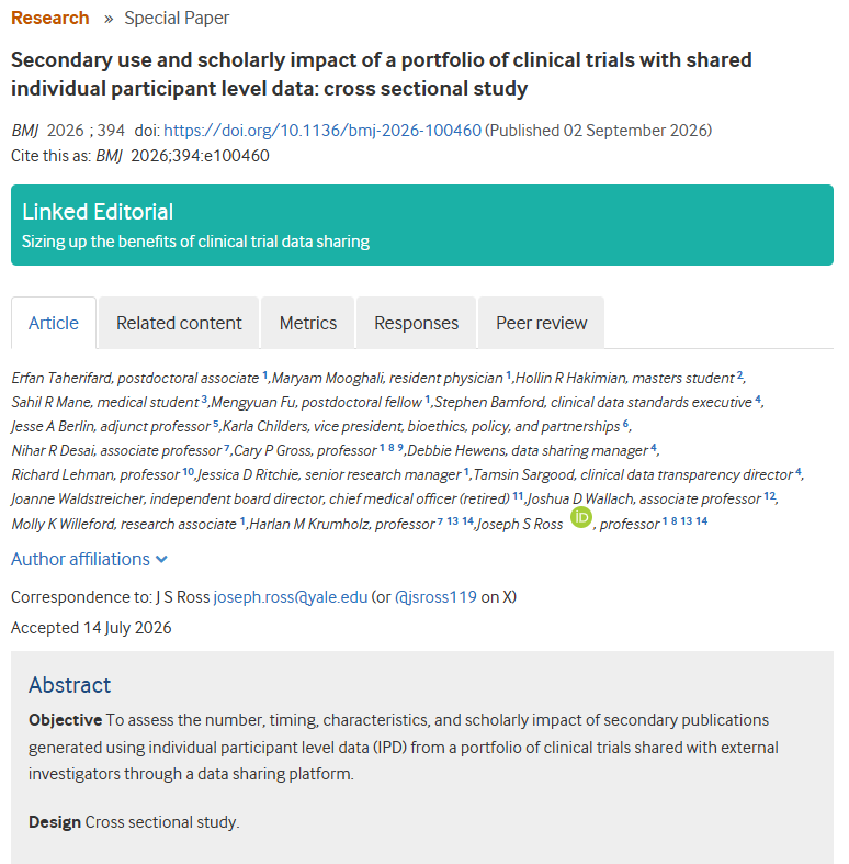 bmj_latest's tweet photo. Structured data sharing mechanisms can support additional secondary use of clinical trial data, finds study @jsross119 
https://t.co/QQJkSD2XQF

Linked commentary
https://t.co/EF5NFDHwDW https://t.co/lCjML0DSh1