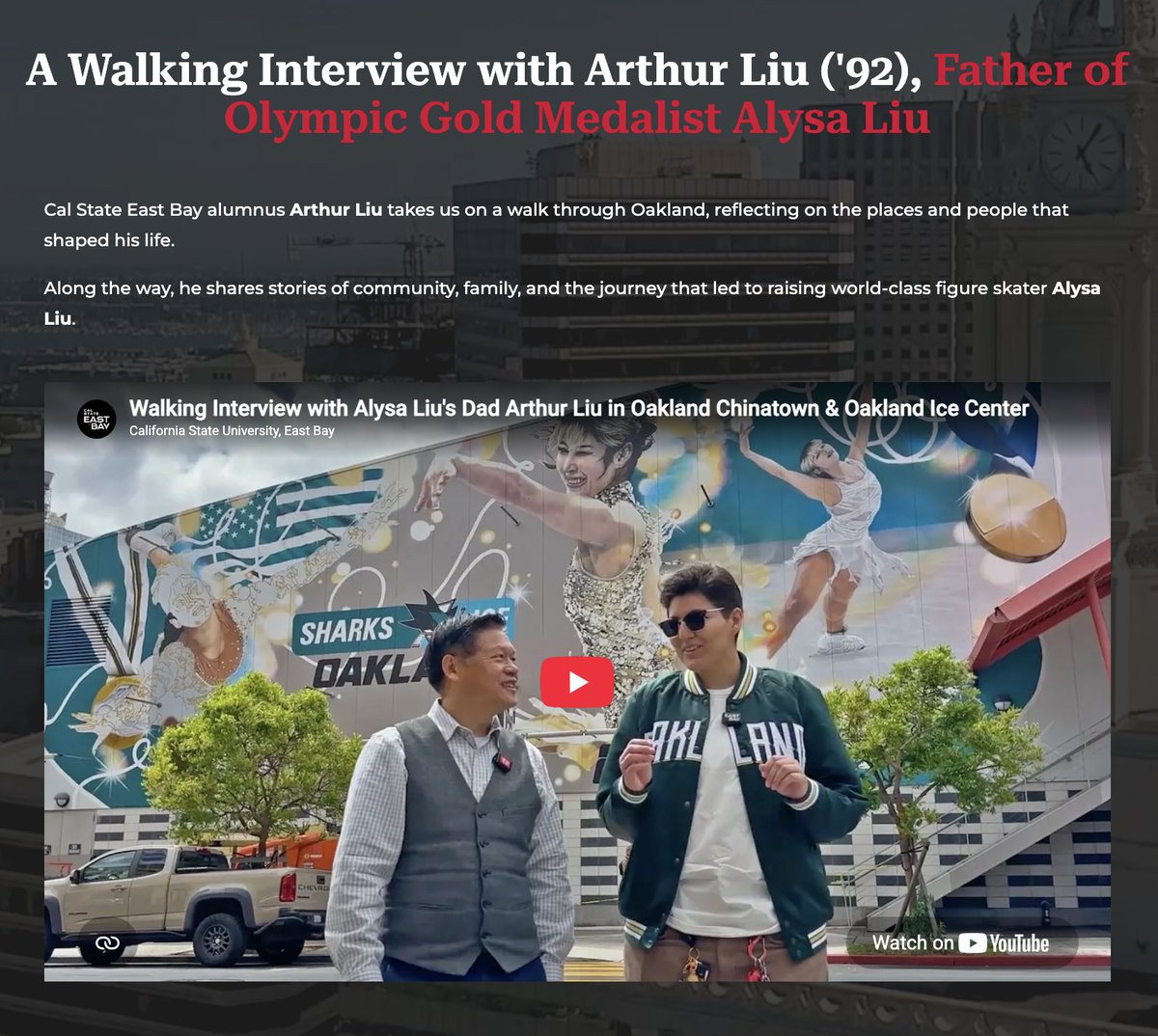 CalStateEastBay's tweet photo. A CSUH alum, now attorney and father of Olympic figure skating champ Alysa Liu, Arthur Liu joined us for a walk through Oakland's Chinatown to reflect on his journey and the community that has shaped their lives.

Watch the full video at the link below ⬇️

https://t.co/WNFoO2spcd https://t.co/Hac5kUr8gn
