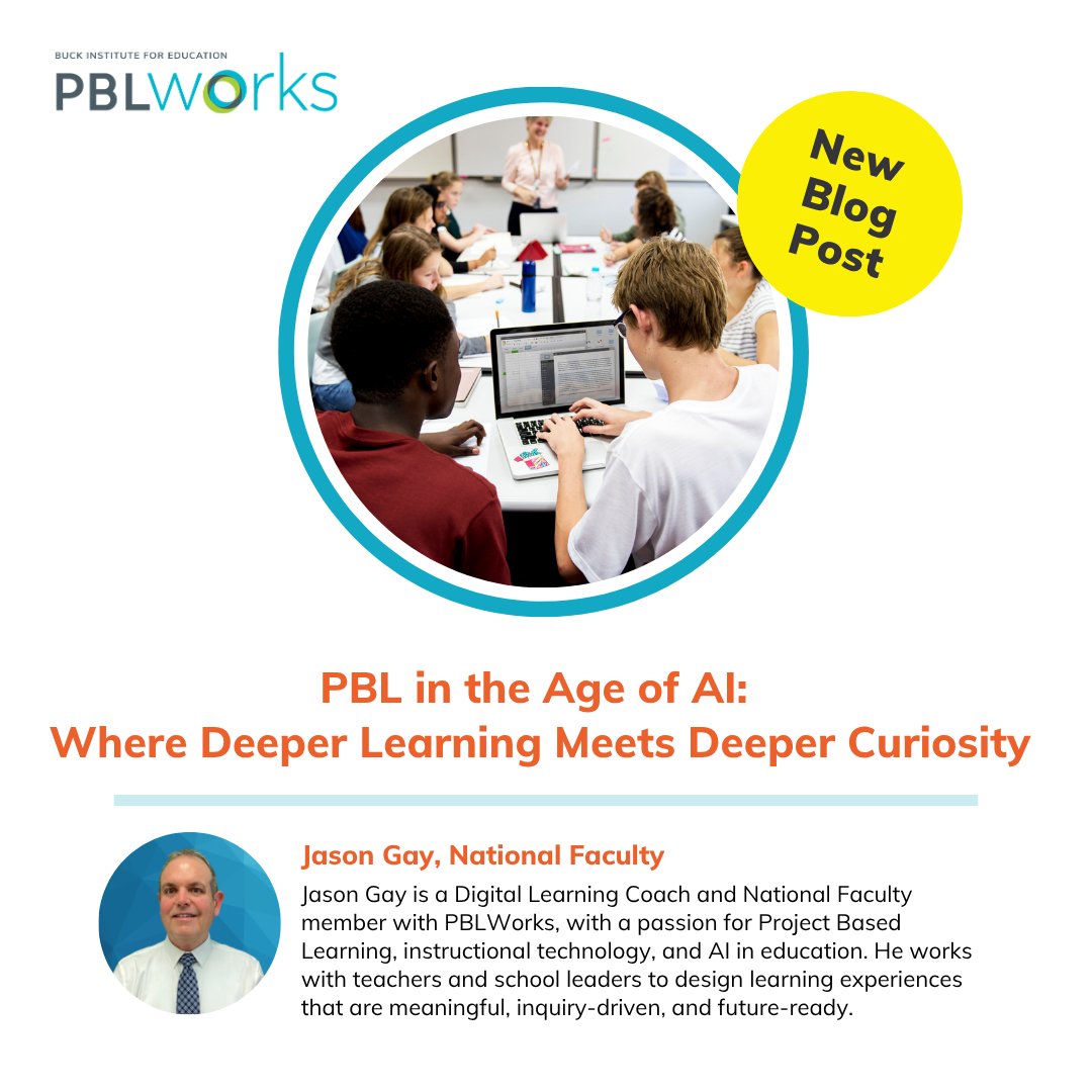 PBLWorks's tweet photo. "I've started asking teachers to build a no-AI thinking window into the front end of every project." — National Faculty member Jason Gay on protecting student creativity before AI enters the room. https://t.co/zhjF0Jty6e 
#ProjectBasedLearning #PBL #AI https://t.co/I1EpQBsNoN