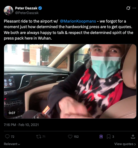gdemaneuf's tweet photo. As I had mentioned before, Daszak and Koopmans flew together back to Amsterdam after their Wuhan 2021 mission.

They were so happy with the results.
🥳 Mission accomplished! Watch the video.

👉🏻 The same Koopmans who, with Fouchier, sank Proximal Origin review at Nature because it still mentioned passaging (a big no-no for GoF Fouchier).

👉🏻 The same Daszak who sent his stupid anonymous letter to Cohen at Science, to cut down the (new) wings of the P.O. authors as they opposed his GVP, by now his best funding chance.

These people are still walking free.
https://t.co/vSVqEQuHDj