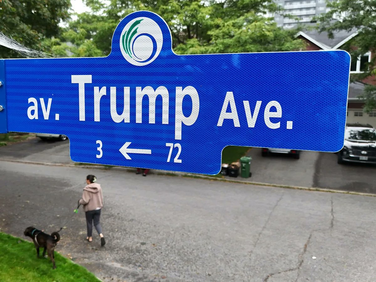 PollTracker2024's tweet photo. CNN: Ottawa, Canada considers changing street named after Trump to Taco Avenue

A Canadian city council is considering renaming a street named after US President Donald Trump – and among the contenders for a replacement are “Obama Avenue” and “Taco Avenue.”

In a unanimous vote on Wednesday, Ottawa City Council took a first step toward renaming Trump Avenue, a residential street in the Central Park neighborhood of Ottawa that has carried the president’s name for roughly 25 years.

https://t.co/ZONOt2JlCp