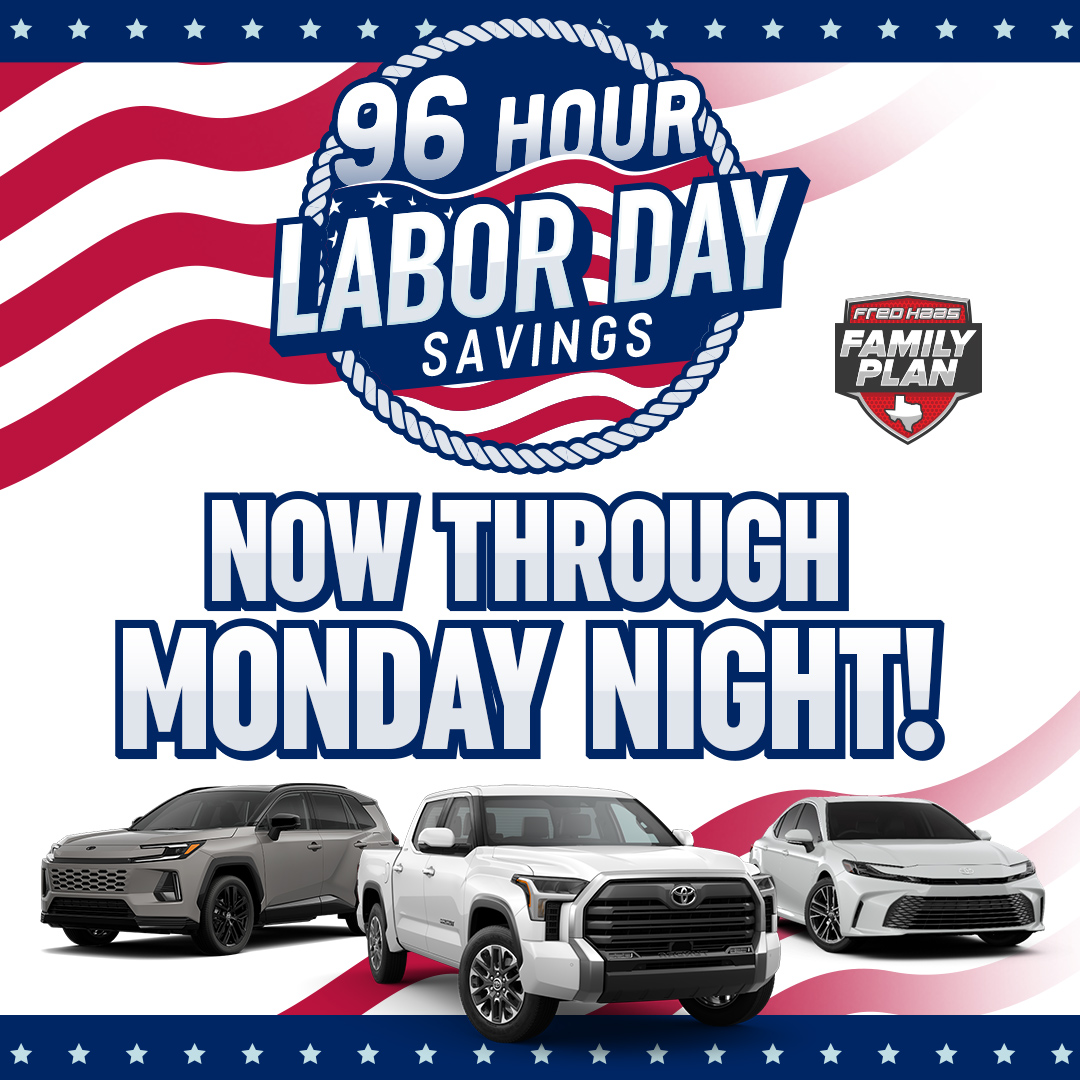 fredhaastoyota's tweet photo. The countdown to Labor Day savings starts NOW! πΊπΈ Shop our 96-Hour Savings Event through Monday night.
Labor Day, Monday, Sept. 7:
Sales: OPEN
Service & Parts: CLOSED
Visit us to explore your options. #LaborDayDeals #SpringTX #Houston https://t.co/sgVPPDakMq