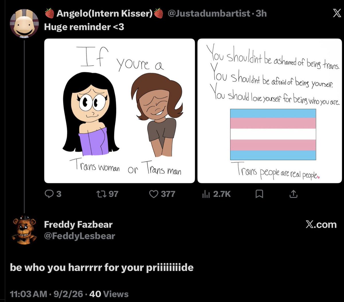 Justadumbartist's tweet photo. FREDDY FAZBEAR SUPPORTS TRANS RIGHTS!!🏳️‍⚧️ https://t.co/puSeEWzAzg