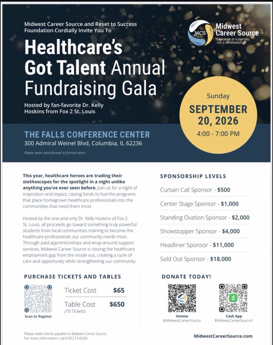 MCSVocational's tweet photo. We’re just a few weeks away! 🎉🩺

Join Midwest Career Source and Reset to Success Foundation for our Healthcare’s Got Talent Annual Fundraising Gala on Sunday, September 20, 2026, from 4:00–7:00 PM at The Falls Conference Center in Columbia, IL.

The countdown is officially on! https://t.co/sNJrQsyb4O