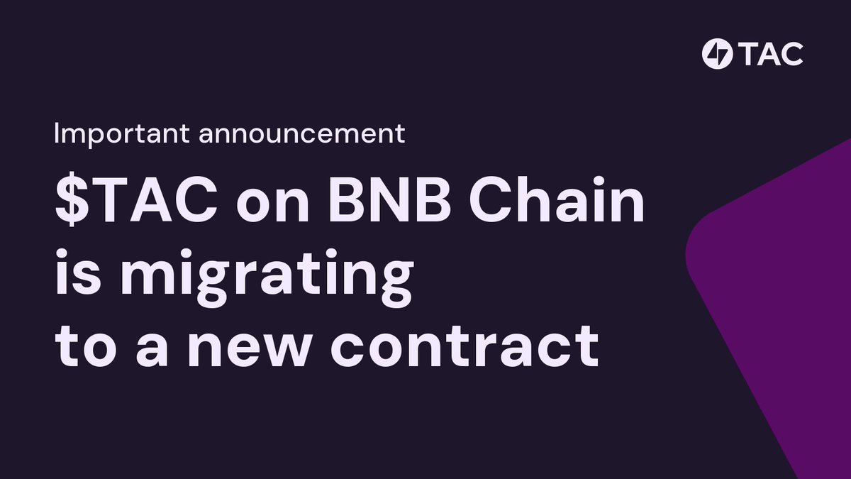 TacBuild's tweet photo. $TAC on BNB Chain is migrating to a new contract. The snapshot has already been taken.

We are replacing the BEP20 $TAC on BNB Chain, where 1,662,322,353 $TAC is linked to the August 22 exploit. The migration cuts the attacker off from the stolen supply he still controls.

New $TAC contract on BNB Chain: 0xb305E6954e4e0Cd021c06Ec355681abc8A00dbD7
Any other address is fake.

Snapshot block: 119,573,620 (September 2, 17:16 UTC). It was taken before this announcement so the attacker could not use his supply to interfere with the distribution. Snapshot only records who held $TAC at that block.

What happens now:

> Held $TAC in your own wallet or in an LP position at the snapshot block: you receive the new token automatically. Attacker-linked addresses are excluded.
> Held on Binance Alpha: the token swap and trading of the new token go live there on Friday, September 4, 08:00 UTC.
> Proposed airdrop list will be published shortly, with three business days to dispute it.
> New PancakeSwap pool and TAC<>BNB Chain bridging will be back by Friday.
> There is no claim site. Never connect your wallet anywhere to "claim".

Do not buy or trade the old token: purchases via trading/OTC/transfers after the snapshot block will not be credited. $TAC on Ethereum and TON is not part of this migration.
