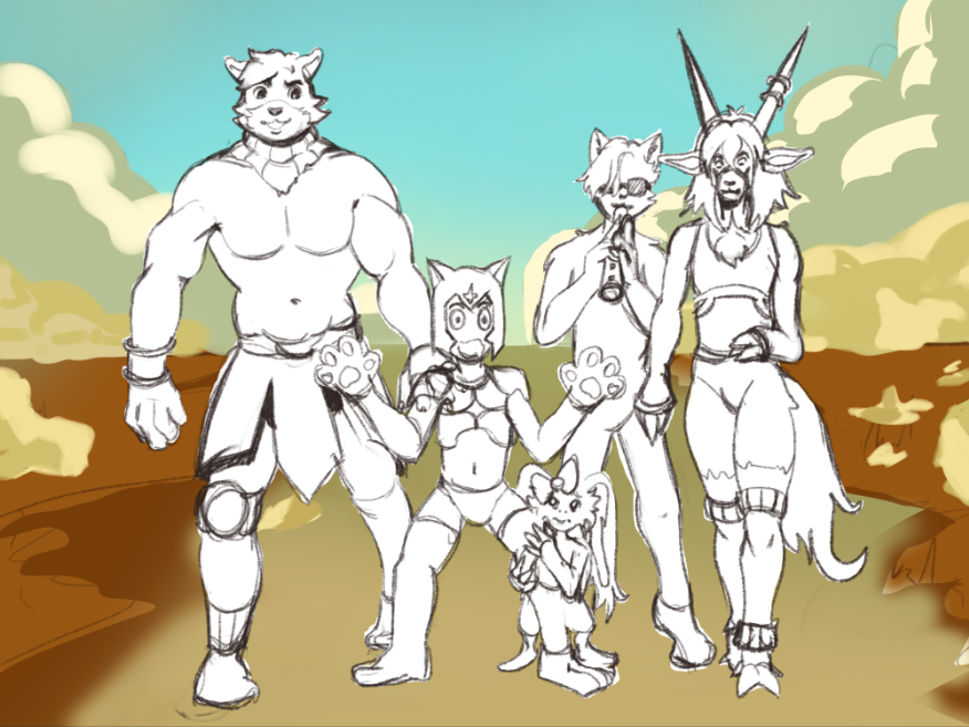 orevipng's tweet photo. WIP – I loved so many character designs that I decided to create a group illustration!

@Morgana5442  as the barbarian, @BubbletheFriend  as the knight and leader, @limewahlover  as the protégé, @Furrock452 as the bard, and @1337enrique  as the monk.

Thanks to everyone https://t.co/7qqSahzaSr