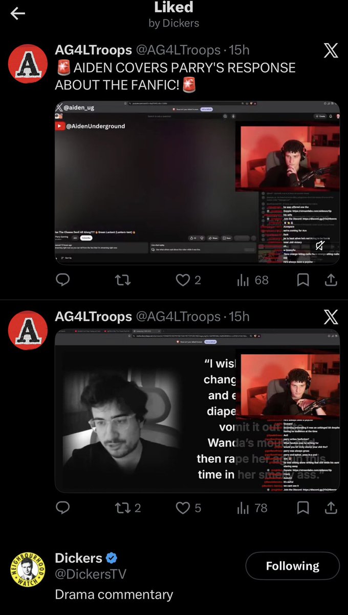 ThoughtfulClip's tweet photo. On Dickers last stream he was too lenient on Parry and the fanfic situation. I guess he has changed his tune! https://t.co/xYkMJjuTuv