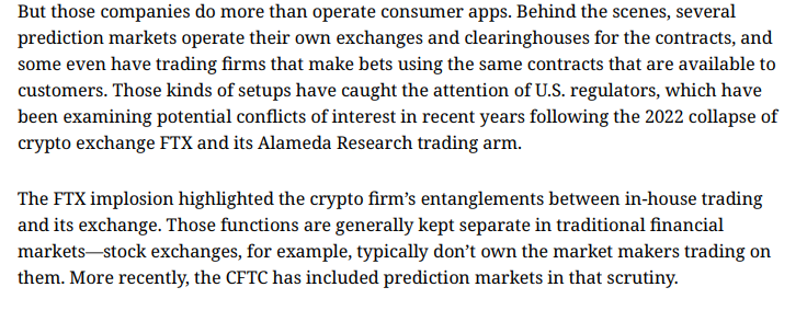 BobbyAllyn's tweet photo. One of the most opaque parts of Kalshi is its in-house trading operation. Kalshi says it's a peer-to-peer platform but sometimes average traders are up against Kalshi's own trading arm, which the company claims is unprofitable and only a very small part of total volume. 

My response to that is: OK, prove it! Publicly disclose how much liquidity the trading arm is putting up and in what markets and its PnL.