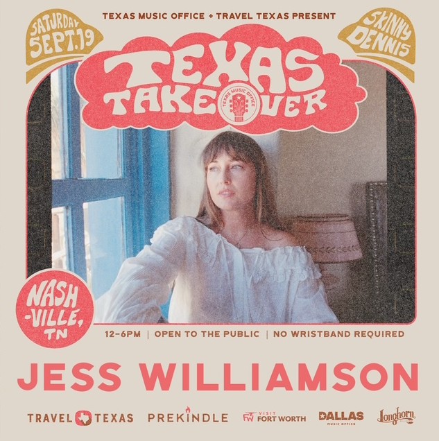 txmusicoffice's tweet photo. North Texas native Jess Williamson has spent the past decade carving out a singular space in American music, blending the traditions of country and Western songwriting with the atmospheric textures of indie folk. Born and raised in the Dallas area, Williamson’s Texas roots remain a vital thread throughout her work, from her early solo records to her acclaimed collaboration with Waxahatchee as Plains. Her evocative songwriting, distinctive voice, and deeply personal storytelling have established her as one of the most compelling voices in contemporary Americana.

This Saturday, she will take the stage at The Texas Takeover at Skinny Dennis Nashville, kicking off a busy fall of performances. She’ll head to Austin on October 1 to support Brandon Flowers at Stubb’s Waller Creek Amphitheater, followed by a performance at Austin City Limits Music Festival on October 4. On October 8, Williamson will return to Austin’s iconic Continental Club to celebrate the release of her highly anticipated new album, A Mile South of Heaven, ahead of its official October 9 release.

The Texas Takeover marks a new chapter for Texas’ presence at AMERICANAFEST, with the Texas Music Office taking on the role of curator and producer in 2026 and building on the legacy of The Longhorn Shindig, presented for many years by Kessler Presents. The official AMERICANAFEST Texas Day Party takes place Saturday, September 19, from noon to 6 p.m. at Skinny Dennis in Nashville, and is free and open to the public with no wristband required. Presented by the Texas Music Office and Travel Texas, along with Prekindle, Visit Fort Worth, Visit Dallas, and The Longhorn Ballroom, the lineup features Next of Kin, Jess Williamson, Jaimee Harris, Judy Blank, Lemongrass, Kathryn Legendre, Matthew McNeal, Marcel, Our Man In The Field (UK) and surprise guests, with special performances by Gracen Wynn, Remy Reilly, and Courtney Santana.

@skinnydennisbar 
 @TravelTexas 
 @prekindletickets
 @VisitFortWorth 
 @visit_dallas 
 @Longhorn_Dallas