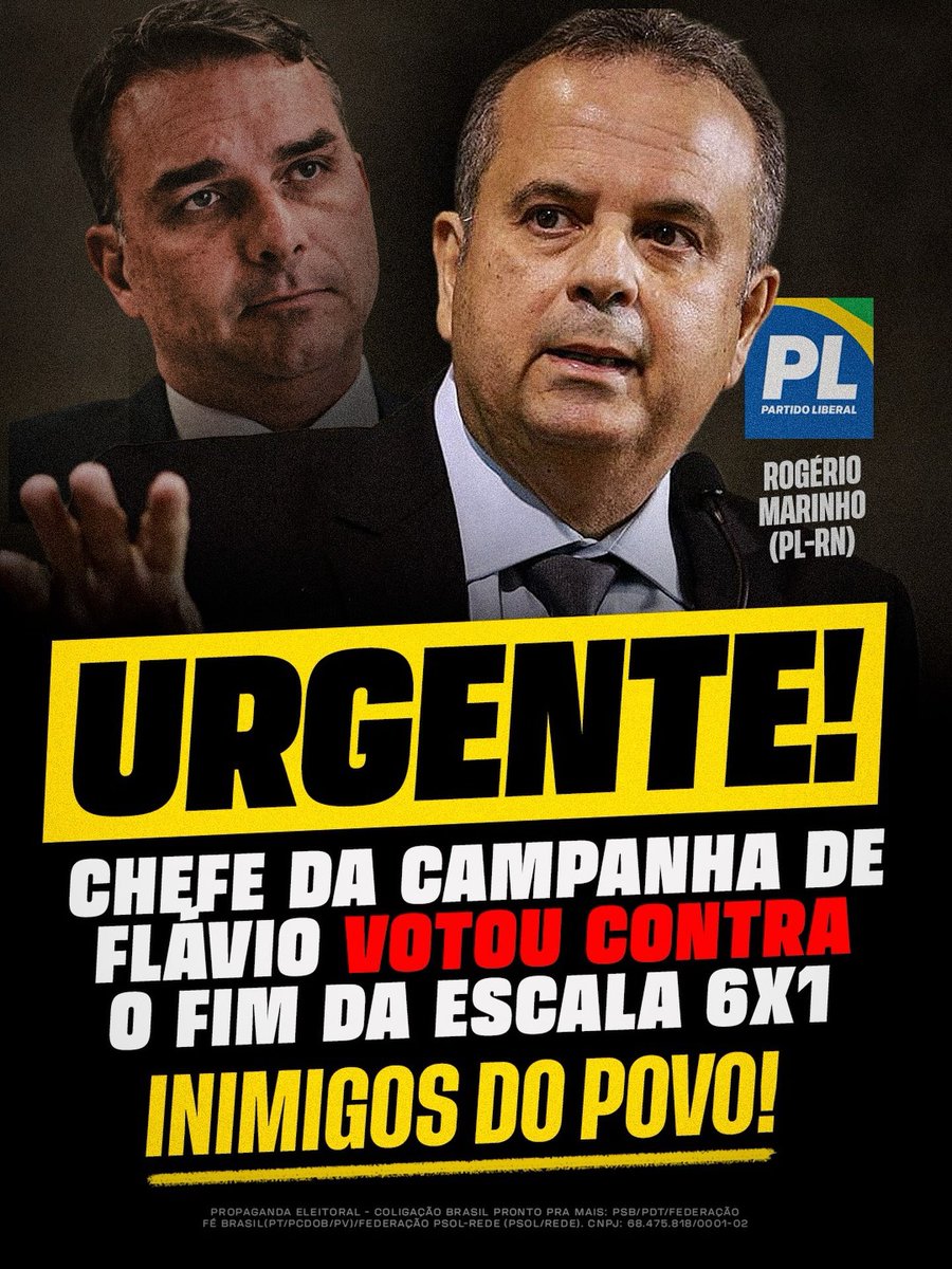 BrPelaVerdade's tweet photo. 🚨 URGENTE! Rogério Marinho, chefe da campanha de Flávio, foi um dos senadores que votaram contra o fim da escala 6x1.

Os inimigos do povo não querem que você tenha um dia a mais de descanso. Mas juntos vamos derrotá-los e aprovar essa conquista histórica para os trabalhadores!

Compartilhe ao máximo!

FIMNDA ESCALA 6X1 JÁ