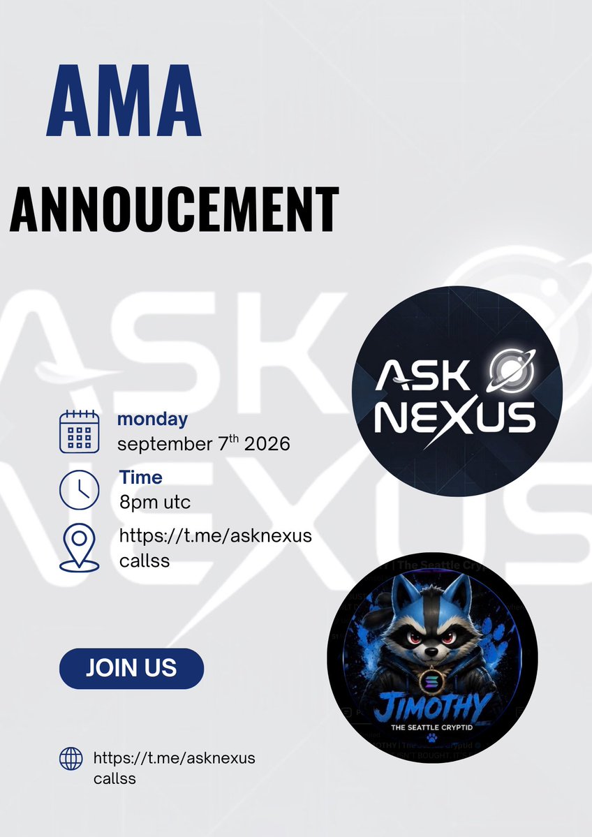 asknexuscalls's tweet photo. AMA ALERT 
ASKNEXUS X @jimothyonsolano 

Join us on  September 7th 2026 live on Twitter for an engaging AMA session with  @jimothyonsolano learn more about the project The vision, roadmap and what’s coming next

we look forward to see you there (DYOR)

📆 Date: September 7th  2026
⏰ Time: 8pm UTC 
📍 Venue: https://t.co/JKvEJgQ52l
🏆 Rewards:$SOL