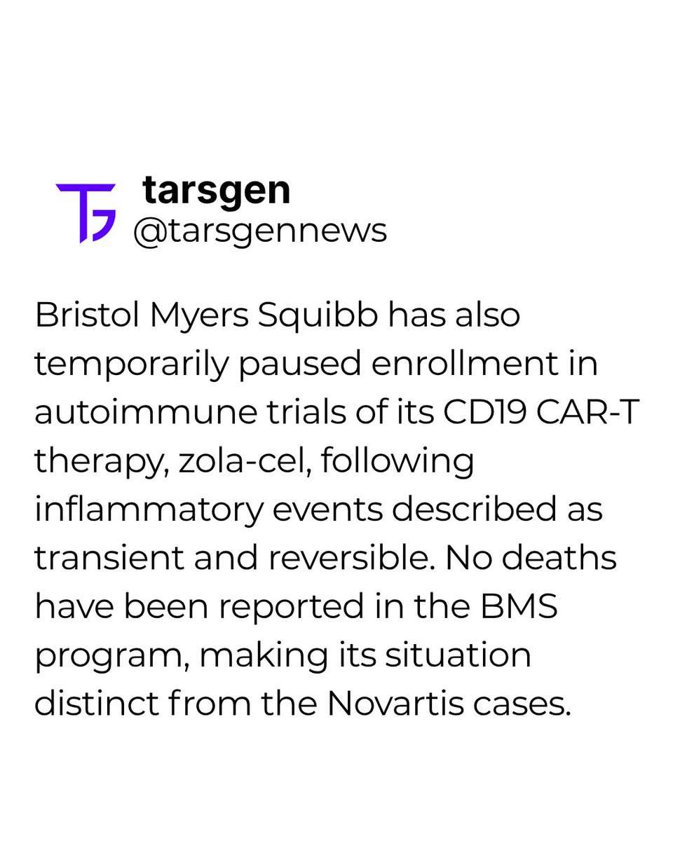 Tarsgen's tweet photo. 🧬 Novartis has halted autoimmune CAR-T trials after three patient deaths linked to a serious inflammatory complication. BMS has also paused enrollment in separate autoimmune CAR-T studies.

Image: Andrew Hecht / Wikimedia Commons — CC BY 2.0 (cropped &amp; edited)

#Novartis #CART https://t.co/hWOhetdud9