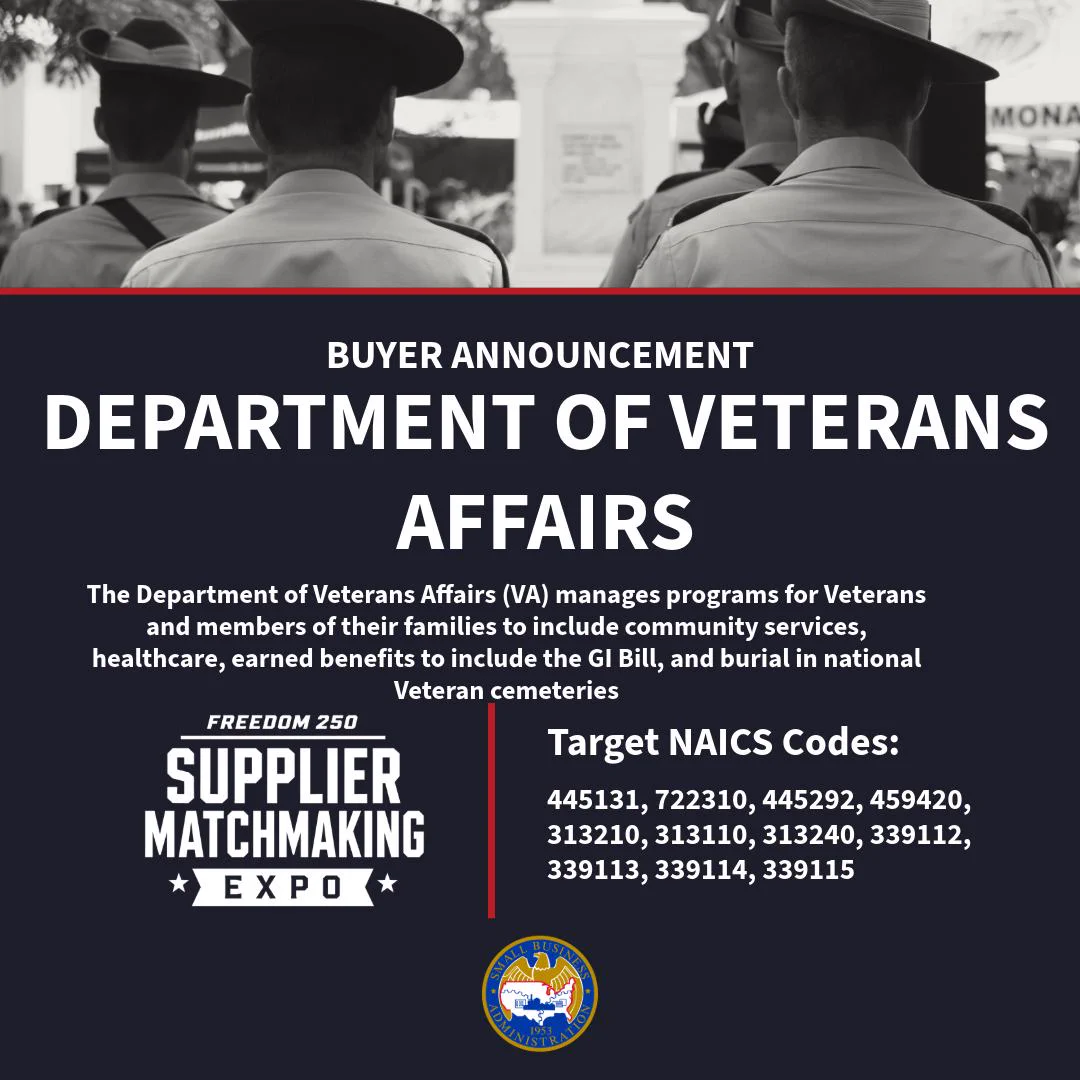 Graphic mentioning Department of Veterans Affairs participating in the supplier matchmaking expo. The image includes a group of people in uniform from behind and several NAICS codes for targeted industries. The VA logo is included at the bottom.