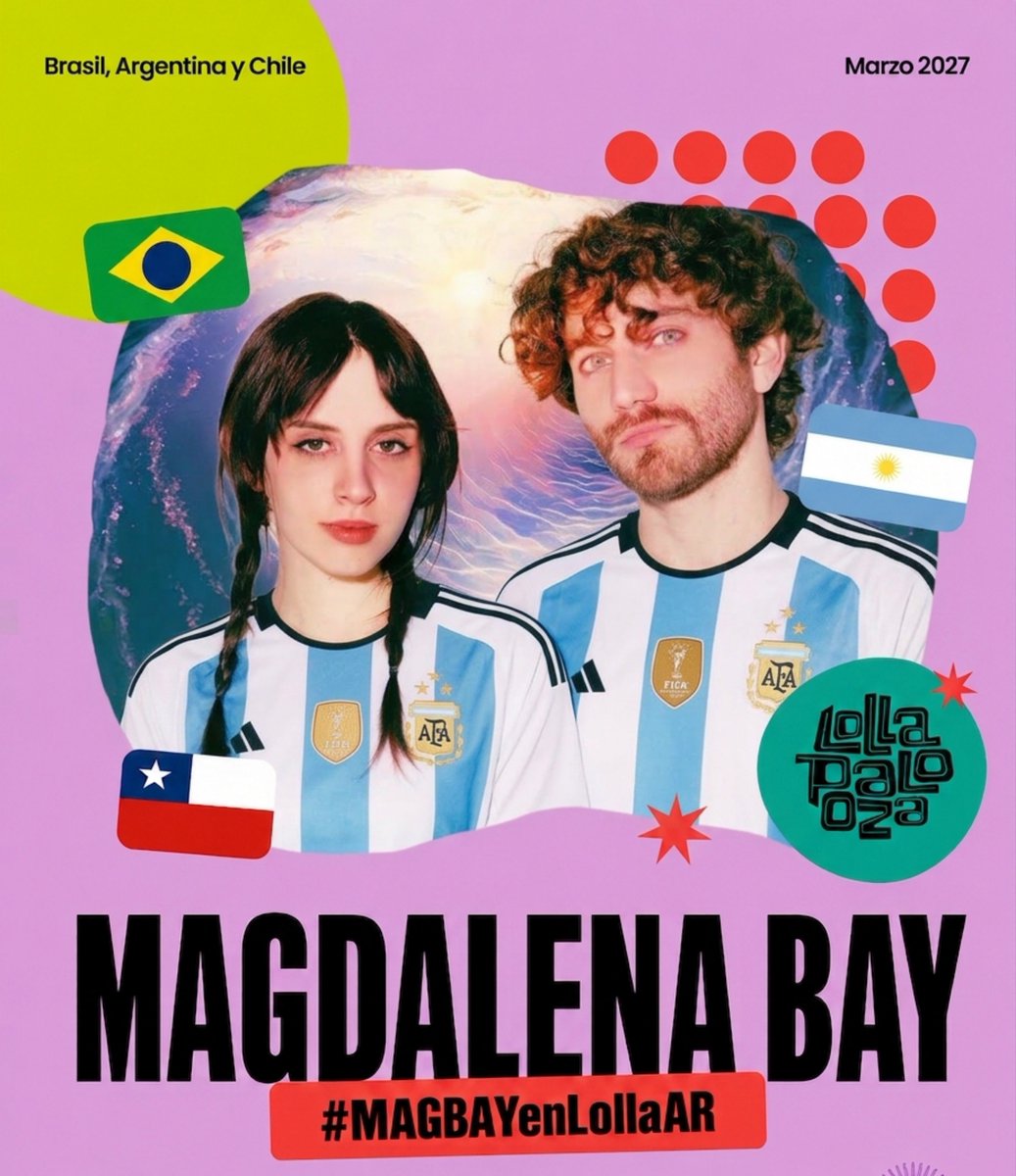 magbayargentina's tweet photo. 🇦🇷🇧🇷🇨🇱 ¡QUEREMOS A MAGDALENA BAY EN LOLLAPALOOZA SUDAMÉRICA!🙏

ARGENTINA QUIERE A MAGDALENA BAY!🙌

Reeposteen y etiqueten a
@dfallaccess @lollapaloozaar @LollapaloozaBr
@lollapaloozacl @MagdalenaBay

🇦🇷 #MAGBAYenLollaAR
🇧🇷 #MAGBAYenLollaBR
🇨🇱 #MAGBAYenLollaCL https://t.co/XpQ3nTZ7Jt