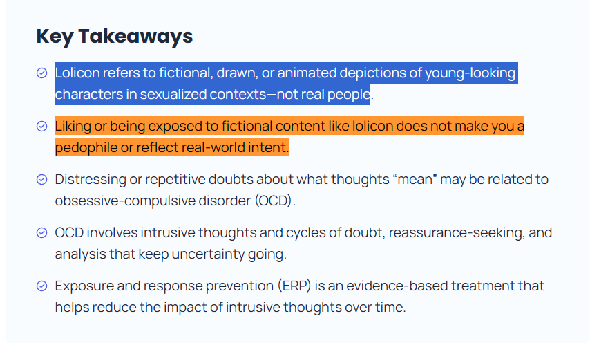 Ethoswaifuwu's tweet photo. Key takeaways:
>Lolicon referst to fictional not real people.
>Liking to fictional content like lolicon does not make you a pedophile or reflect real-world intent.

The fear of becoming pedophile just cuz u like that type of fic. content is related to POCD... 

Do u understand? https://t.co/N3aIt8QpZS