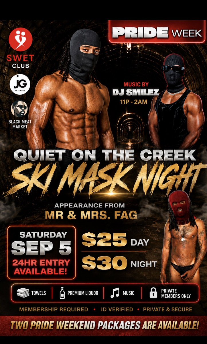blackmeatmktuk's tweet photo. ATLANTA, WE’RE COMING. 🇺🇸
Black Meat Market joins @SwetclubLLC x @JoeGrineOF for Atlanta Black Pride Weekend.
• FRIDAY, SEP 4 - PDA: XXX Edition
• SATURDAY, SEP 5 - Quiet on the Creek: Ski Mask Night
Two different nights. Two different experiences. Catch us this Pride Weekend.
Live performance @theefag
#BlackMeatMarket #AtlantaBlackPride #SWETClub #BlackGayMen