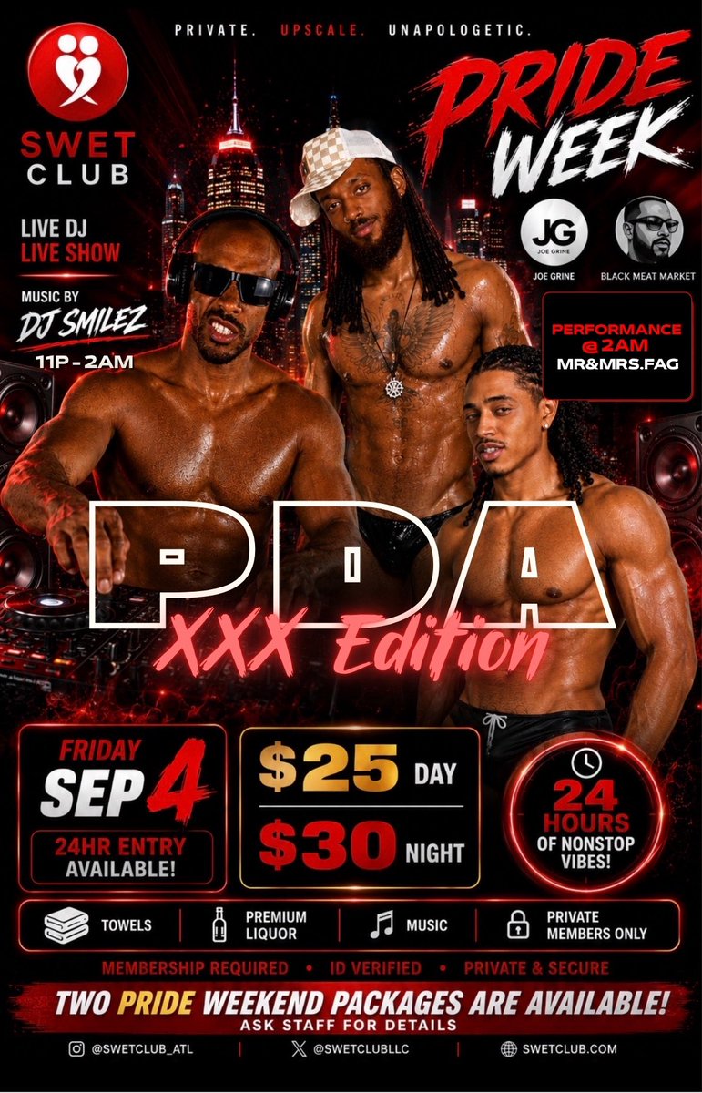 blackmeatmktuk's tweet photo. ATLANTA, WE’RE COMING. 🇺🇸
Black Meat Market joins @SwetclubLLC x @JoeGrineOF for Atlanta Black Pride Weekend.
• FRIDAY, SEP 4 - PDA: XXX Edition
• SATURDAY, SEP 5 - Quiet on the Creek: Ski Mask Night
Two different nights. Two different experiences. Catch us this Pride Weekend.
Live performance @theefag
#BlackMeatMarket #AtlantaBlackPride #SWETClub #BlackGayMen